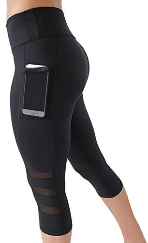 OBEEII Damen Sport Leggings 3/4 Yogahose Sporthose Laufhose Training Tights mit Handytasche
