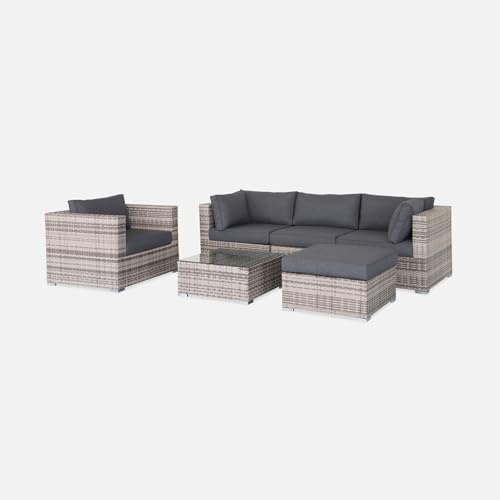 Alice's Garden - Salon de Jardin en résine tressée Nuances de Gris. Coussins Gris - 5 Places - 1 Pouf. 4 fauteuils Une Table Basse