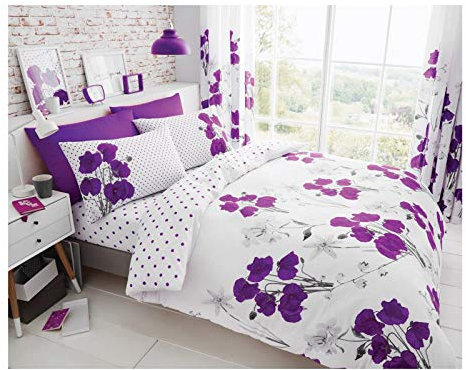 Lions Floral Duvet Set - 3 Piece Double Bed Bedding with Matching Pillowcase, Reversible Soft Flowers Printed Bed Sets, Poly Cotton, Easy Care Quilt Covers, Purple, 200x200cm