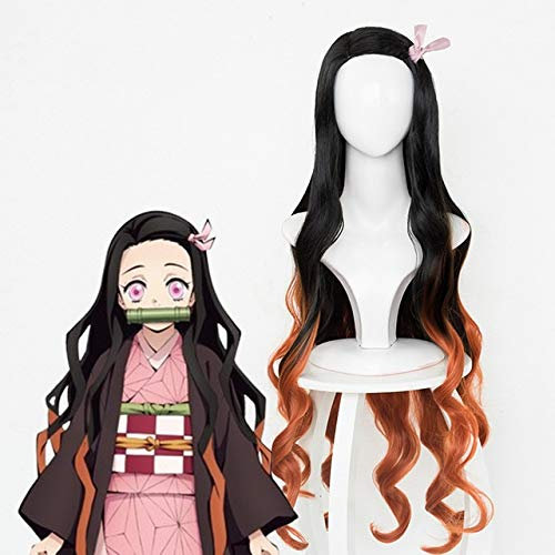 Demon Slayer Kimetsu no Yaiba Kamado Nezuko Cosplay Wig Heat Resistant Synthetic Hair Wigs +Wig Cap + Bamboo Props Sealing Stick Only Wig