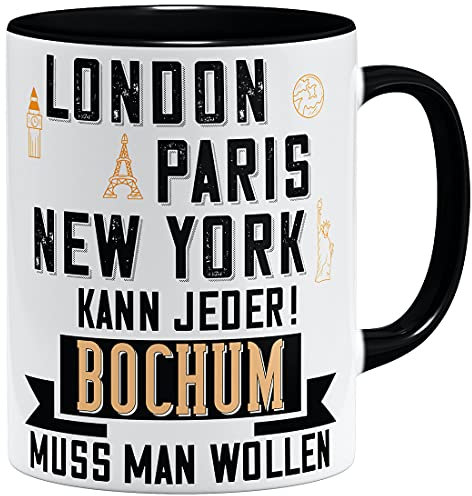 OM3® Bochum Tasse mit Stadtnamen Städtetasse | Keramik Becher | 11oz 325ml | Beidseitig Bedruckt | Schwarz