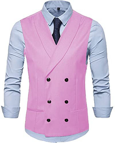 HSLS Vestito da uomo Gilet Scialle Risvolto Slim Fit Doppio Petto Gilet Uomo Migliore, Rosa, Small