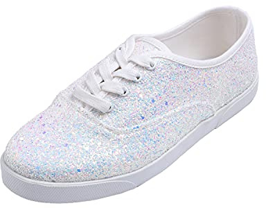Feversole Women's Casual Trainer Ladies Sneakers Colorful Lace-Up Fashion Trainer Shiny White Glitter Size 5