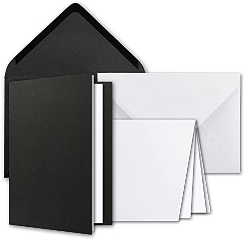 NEUSER PAPIER Kartenpaket DIN A6 + C6 in Schwarz und Weiß - 30 Doppelkarten und 30 Briefumschläge - Mit 50 Einlege-Faltblättern - Kartenset mit Umschlägen inklusive Geschenkschachtel