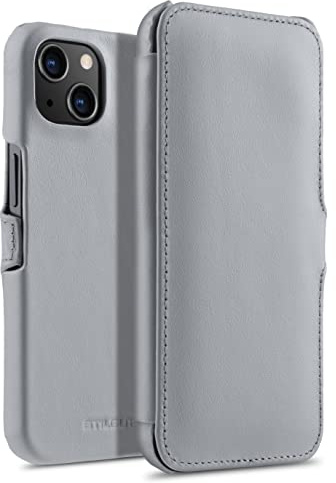 STILGUT Book Case kompatibel mit iPhone 13 mini (5.4“) Hülle aus Leder mit Clip-Verschluss, Klapphülle, Handyhülle, Lederhülle - Grau Nappa