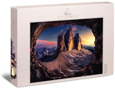 Ulmer Puzzleschmiede - Puzzle „DREI Zinnen“ - Klassisches 1000 Teile Alpen-Puzzle – Das Panorama der berühmten Berge in Südtirol, Italien - beeindruckende Landschaft in der letzten Abendsonne