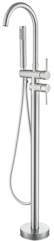 YAGATAP Freistehende Badewannenarmatur, Bodenmontage, Wannenfüller, gebürstetes Nickel, hoher Durchfluss, Duscharmaturen mit Handbrause-Mischbatterien, schwenkbarer Auslauf