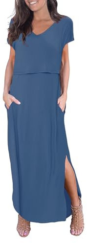 Smallshow Longue Robe Allaitement Femme Split Dress Grossesse Maternité Grey Blue XL
