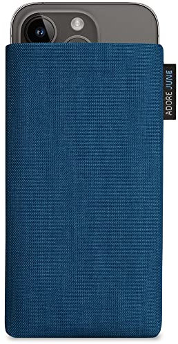 Adore June Classic Ozean-Blau Tasche kompatibel mit iPhone 15 14 / iPhone 15 14 Pro Handytasche aus widerstandsfähigem Cordura Stoff mit Display Reinigungs-Effekt, Made in Europe