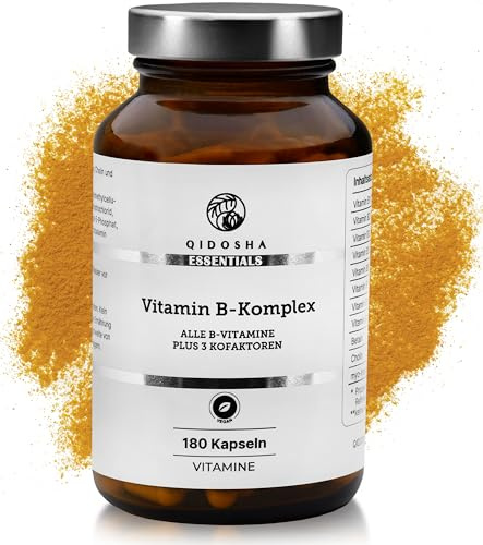 QIDOSHA® Vitamin B Komplex ultra-hochdosiert & bioaktiv plus Kofaktoren, 180 Kapseln im Glas, B Vitamine hochdosiert in ihrer bio-aktiven Form, B Vitamine aktiviert Komplex, vegan