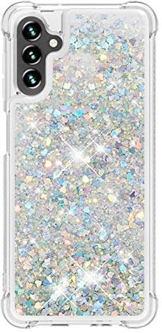 Samsung A14 Case Glitter, 3D Bling Sparkle Quicksand Flowing Liquid Clear Transparent TPU Gel Silicone ShockProof Protective Phone Case for Samsung Galaxy A14 5G/4G Cover Girls, Silver