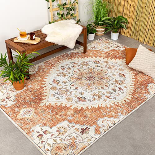 FRAAI | Home & Living Vintage Gartenteppich - Santo Mandala Terrakotta - Wetterfest - Polyester - Flachgewebe - Balkon, Garten/Terrasse - Terrasse - Rug