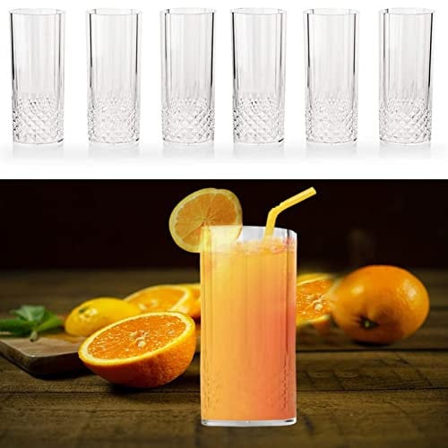 ALAYSTAR 6 Pack Clear Crystal Effect Long Drink Glasses Durable Reusable - Plastic Highball Whiskey Wine Champagne Flute Glasses Tumblers Drinks Cups BPA Free