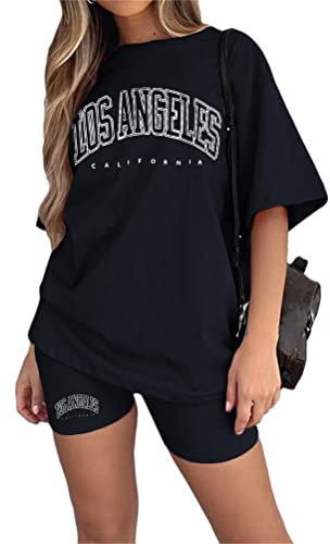 Tomwell Femmes Survêtement Casual Ensemble 2Pcs Suit Ample Manches Courtes Col Rond Été Oversize T-Shirt Imprimé + Legging Courts Short Jogging Sportswear Femme Yoga Fitness A Noir M