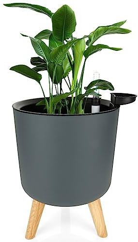 AKOLAFE 20cm Plant Pots Indoor, Outdoor Plastic Self Watering Flower Pots with Legs Water Level Indicator and Drainage Holes, Indoor Planters with Stand for Herbs, Orchid, House Plants, Grey