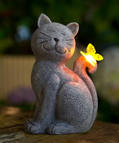 Yeomoo Figurines de chats avec papillon solaire - Décoration de salon - Décoration de jardin pour l'extérieur - Cadeau amusant pour femme - Cadeau d'anniversaire - Figurines de jardin étanches - Pour
