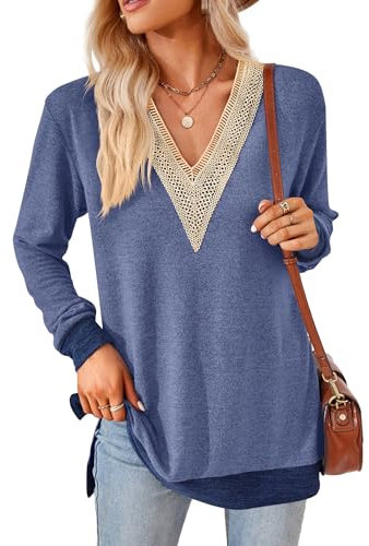 iChunhua Casual Long Sleeve V Neck T Shirts Women Strech Ladies Jumpers Size 12 Dark Blue M