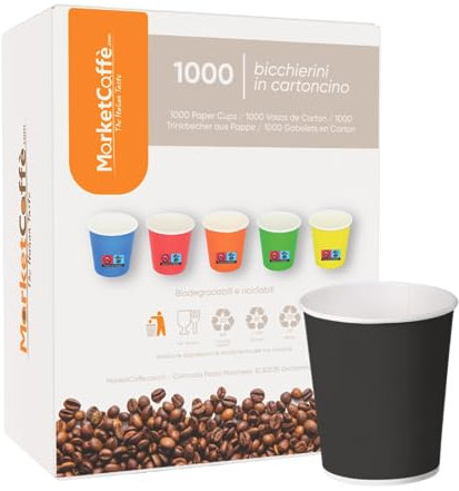 marketcaffe 1000 Bicchierini caffè, Bicchieri Caffe di Carta Biodegradabili Biocompostabili Tazzine da 75 ml (Nero)