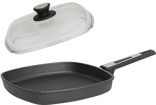 SKK flache 2-tlg. Guss Grillpfanne 26x26 cm - Induktion - eckige Aluguss Antihaft Steakpfanne gerippter Boden & Vollglas Deckel - Made in Germany