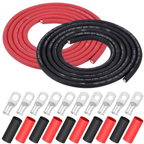 iGreely 4 AWG Gauge Wire Welding Battery Pure Copper Ultra Flexible Cable,10 Feet Black + 10 Feet Red Oxygen Free Copper OFC Welding Cable and Lugs Terminal Connectors with Heat Shrink Tubing