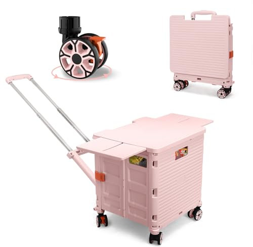 Carrello multiuso pieghevole su ruote, carrello salva-lavoro con coperchio scorrevole magnetico, maniglia telescopica 55L/176lbs, carrello spesa con ruote girevoli a 360°per viaggi, campeggio (rosa)