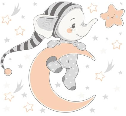 Baby Boo! Wandtattoo Kinderzimmer, süßer Elefant im Schlafanzug Mond und Sterne, Kinderzimmer Deko, Babyzimmer Deko, Wandsticker Kinderzimmer, Wandaufkleber Kinderzimmer, PVC, Wanddeko (60 x 40 cm)
