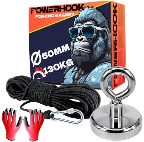 PowerHook - Neodym Magnet 130KG Stark - 50mm Groß - Bergemagnet - Angelmagnet - Magnetfischen Set - Mit 20m Seil und Karabinerhaken