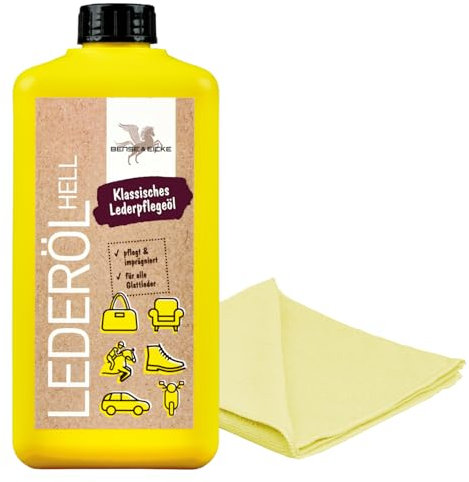 esnado - Bense & Eicke Lederöl 1 Liter + 1 Mikrofasertuch - perfekte Lederpflege für Glattleder, Autositze, Motorradkleidung, Sättel… (Hell)