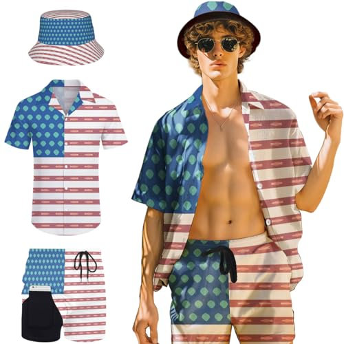Nhjk Mens Hawaiian Shirt, American Flag, XXXL