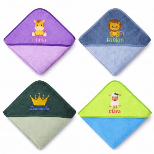 Generisch Besticktes Kapuzenhandtuch mit Name & Motiv – 100x100 cm | Personalisiert – mit Namen, Motiv oder beidem bestickt – Geschenk zur Geburt oder Taufe – Baumwolle