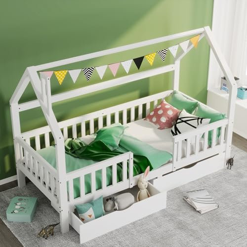 Kinderbett Hausbett 90x200 cm, Bettgestell mit 2 Schubladen, Kiefernholz Bett für Jungen und Mädchen, mit Rausfallschutz und Lattenrost, ohne Matratze, Weiß