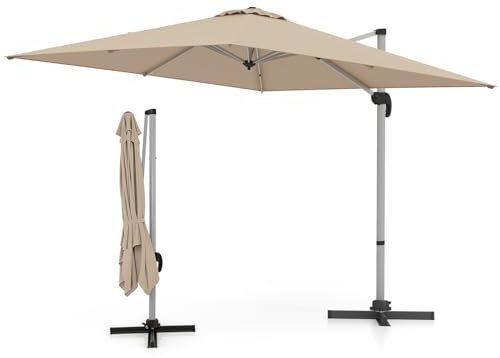 KOMFOTTEU 3x3m Sombrilla Terraza Exterior con Base Cruzada, Sombrilla Cuadrada Regulable en 5 Alturas y Giratoria a 360°, Parasol de Jardín Plegable con Protección UV, para Patio, Piscina (Beige)