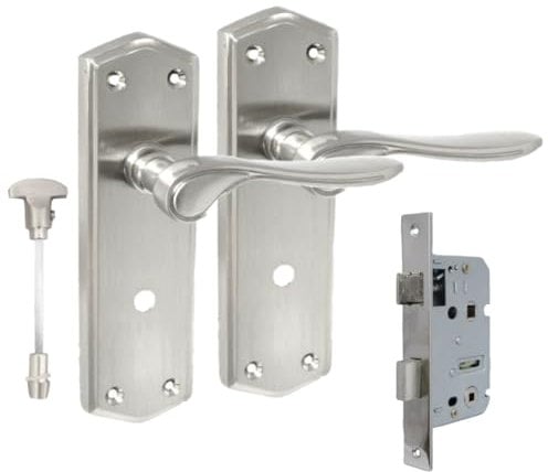 Satin Nickel Internal Door Bathroom Handles with Long Back Plate - Stellar Design,Superior Grip, Adjustable Spindle, and Seamless Finish (1 Pair of Handles + Bathroom SASH Lock)