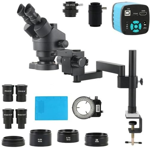 Microscope Accessories Kit With Articulating Arm Stand 3.5X 90X 180X Simul-Focus Parfocal Trinocular Stereo w/Microscope Camera 48MP 2K 4K Set Microscope Slides