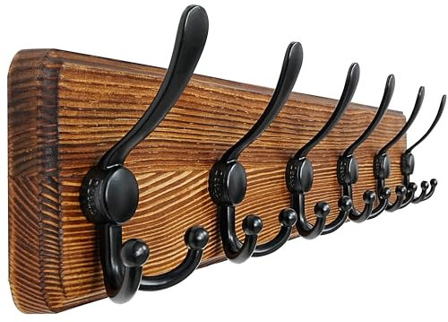 Dseap Coat Rack Wall Mount - 61cm Long, Patented, Heavy-Duty, 6-tri-Hooks, Rustic Wooden Wall Coat Hanger Hook Rail for Winter Coats Hat Jacket Clothing, Natural & Black