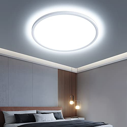 OTREN Plafon Luz LED Techo 28W, Ø30CM Lampara Downlight Panel Superficie 6500K, Plafones Modernas Redondo IP44 para Baño Pasillo Balcón Cocina Dormitorio Pared, Blanca Fría