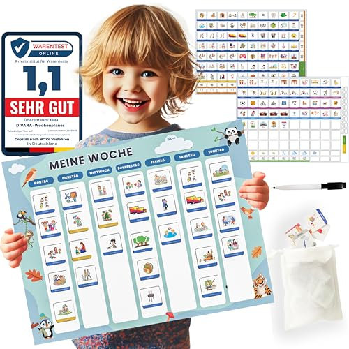 Wochenplaner Kinder - Montessori Magnettafel inkl. 208 Magnete- wochenplaner magnetisch abwischbar- Lernspiele ab 3 Jahre - Einschulung Geschenk - familienplaner magnetisch