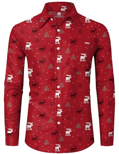 Herberton Herren Funky Christmas Hemd Langarm Hässlich Weihnachten Button Up Freizeithemd (S-XXL)