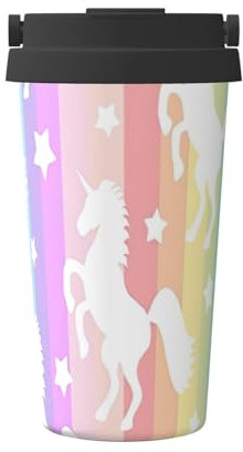 Taza de café aislada de acero inoxidable con diseño de unicornios en rayas coloridas para agua fría y caliente