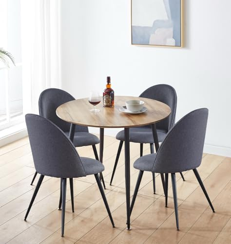 Hallowood Furniture Cullompton 90cm Small Dining Table and Chairs Set 4 | Wooden Effect Top Kitchen Round Table and Chairs in Soft Grey Linen Fabric Upholstery, Modern 4 Seater Dining Room Furniture