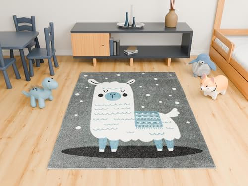 AKCILA Lima Blau | Grau Kinderteppich Lama 120x170 cm Kinderzimmer Teppich, Spielteppich Kinder, Babyzimmer Tepich, Kurzflorteppich Schlafzimmer,Teppiche Gegend, Kids Carpet, kinderteppich Mädchen