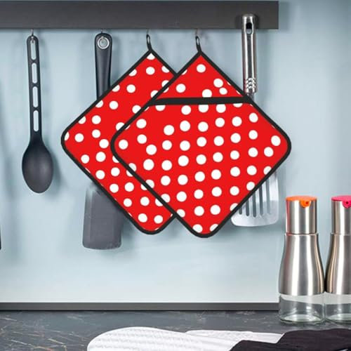 Topflappen mit Tasche, rot und weiß, gepunktet, Topflappen für Küche, hitzebeständig, Frottee-Untersetzer, Ofenhandschuhe, Topfuntersetzer zum Backen, Kochen, 20,3 x 20,3 cm, 2 Stück