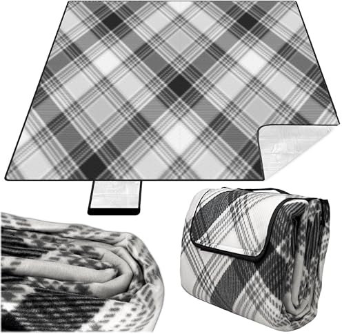 KRUMAD Picknickdecke Wasserdicht, XXL 200x200 cm, Outdoor Decke Gepolstert, Sandfrei, Camping Decke für Strand, Garten & Park, Faltbar mit Tragegriff, Leicht & Bequem (Grau-Schwarz)