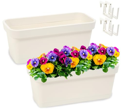 PECZEKO Blumenkasten-Set aus Kunststoff, Pflanzkasten für Blumen und Kräuter, Widerstandsfähiger Balkontopf, Pflanzkübel für Balkon 2 Pack Creme, ø 40 cm