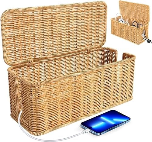 Rattan Kabelmanagement Box, Handgemachte Kabelbox mit Deckel, Kabelmanagementbox mit Seitlicher Öffnung Kabelsalat Verstecken Schreibtisch Steckdosenbox für Büro, Zuhause (Holzfarben)