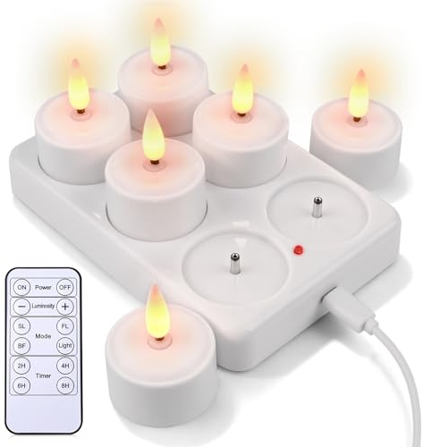 ZWOOS 6er Aufladbare Teelichter mit Fernbedienung und Timer, LED Teelichter Wiederaufladbar Dimmbar Kerzen Flackernd mit Ladestation und USB Kabel für Party Wohnzimmer Halloween Weihnachten Deko