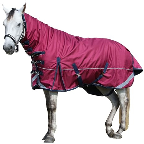 Gallopoff 1680D Winterdecke Pferd 300g/m² mit Halsteil – Gefütterte, Wärmende, wasserdichte & Atmungsaktive Pferdedecke, Robuste Outdoordecke für kalte Tage Rot 150 cm