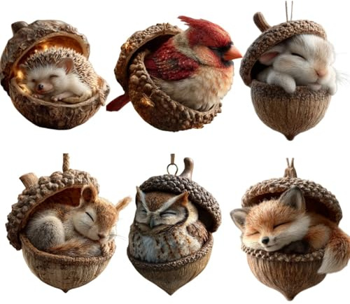 6 Stück Waldtiere Eichels Ornaments,Acryl Tiere aus Tannenzapfen Weihnachtsbaumschmuck Deko,Niedliche Eicheln und Tannenzapfen Waldtiere Anhänger Deko für Wohnzimmer,Waldtiere Weihnachtsdeko
