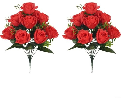 Alanmoship Bouquet de roses artificielles avec 12 têtes de rose en soie et verdure pour mariage, salon, cimetière ou décoration florale à faire soi-même, arrangement de 42 cm (rouge)
