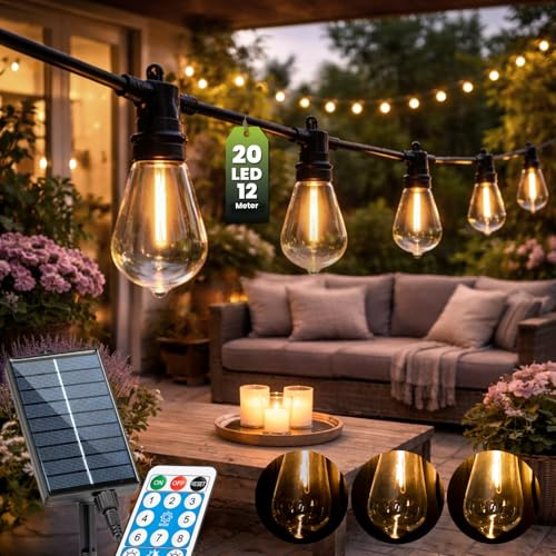 Lumiled Solar Lichterkette Außen 12M ST58 20x LED Edison mit Fernbedienung Warmweiß 3000K IP44 spritzwasserdicht 8 Betriebsarten Dimmbar Solarlichterkette Solarlampe Garten Outdoor Außenlichterkette